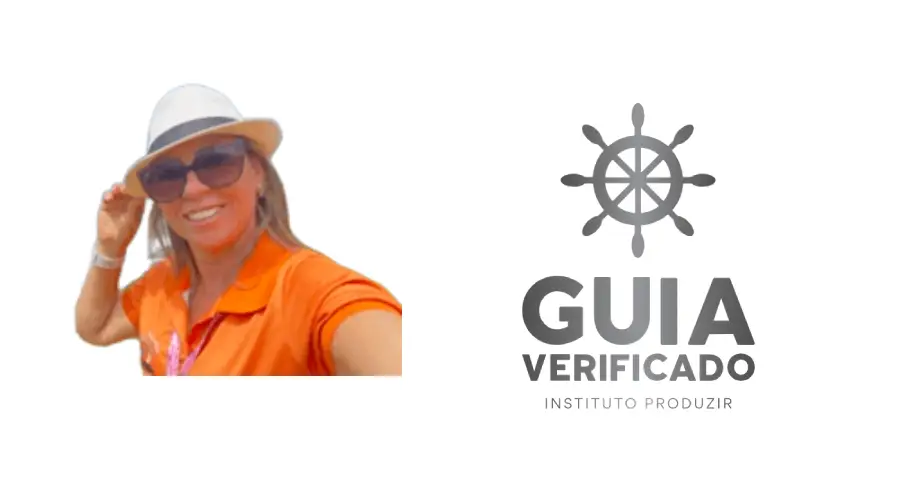 Ana Paula Nunes, Guia de Turismo Verificada pelo Instituto Produzir, sorrindo e usando chapéu e óculos de sol em ambiente externo.