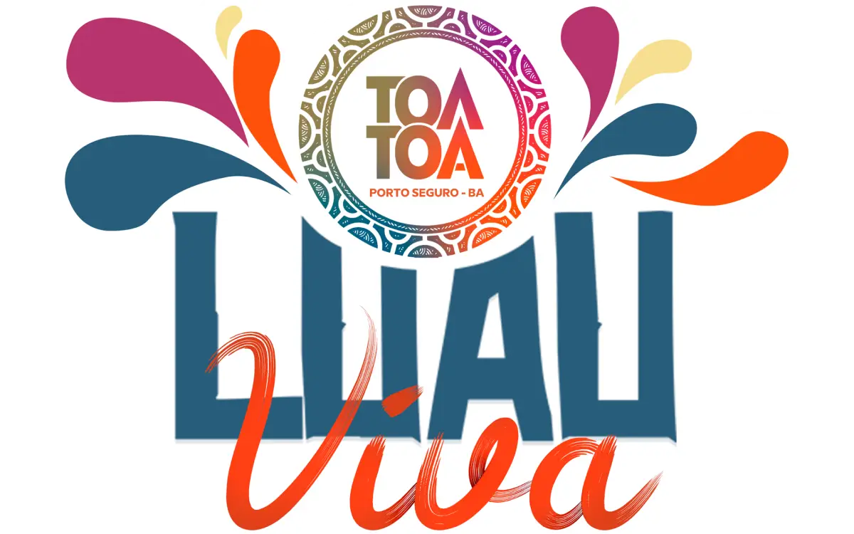 Logo oficial do Luau Tôa Tôa com as palavras "Luau" em azul e "Viva" em vermelho alaranjado, sobre um fundo branco com respingos de tinta coloridos e um círculo central com a marca Tôa Tôa Porto Seguro - BA.