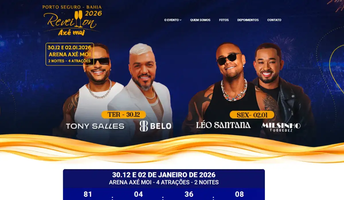Réveillon Axé Moi 2026 em Porto Seguro com Léo Santana, Belo, Tony Salles e Milsinho Toque Dez. Banner promocional oficial do evento.