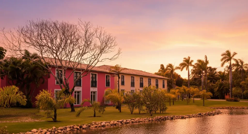 Fachada colorida do Club Med Trancoso em tons de rosa e amarelo ao entardecer, com jardins tropicais e lago refletindo o pôr do sol.