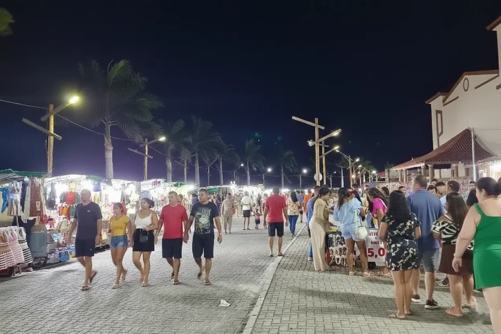 Turistas caminhando à noite pela Passarela do Descobrimento em Porto Seguro, Bahia, com barracas de artesanato e roupas iluminadas.